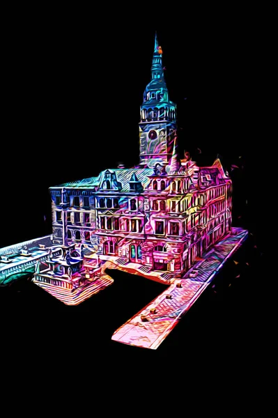 Açık havada belediye binası. Klodzko, Polonya, Sanat illüstrasyonu antika eskiz