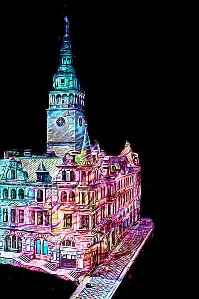 Açık havada belediye binası. Klodzko, Polonya, Sanat illüstrasyonu antika eskiz