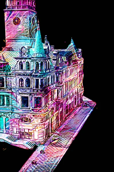 Açık havada belediye binası. Klodzko, Polonya, Sanat illüstrasyonu antika eskiz