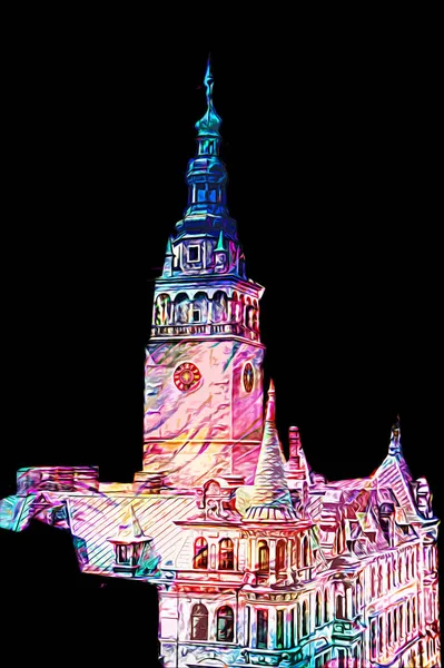 Açık havada belediye binası. Klodzko, Polonya, Sanat illüstrasyonu antika eskiz