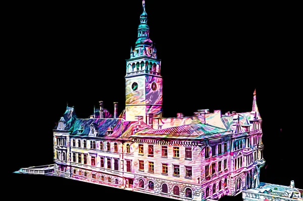 Açık havada belediye binası. Klodzko, Polonya, Sanat illüstrasyonu antika eskiz