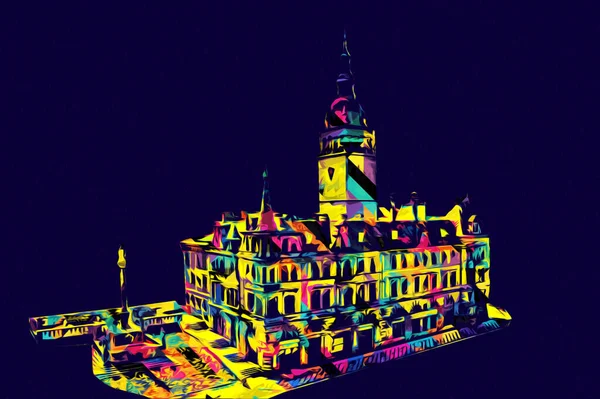 Açık havada belediye binası. Klodzko, Polonya, Sanat illüstrasyonu antika eskiz