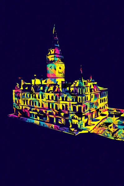 Açık havada belediye binası. Klodzko, Polonya, Sanat illüstrasyonu antika eskiz