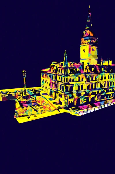 Açık havada belediye binası. Klodzko, Polonya, Sanat illüstrasyonu antika eskiz