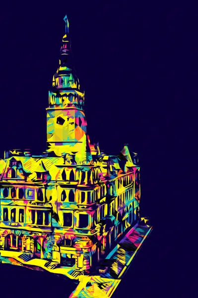 Açık havada belediye binası. Klodzko, Polonya, Sanat illüstrasyonu antika eskiz