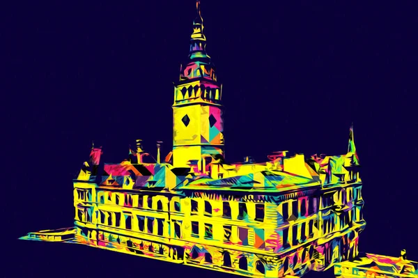 Açık havada belediye binası. Klodzko, Polonya, Sanat illüstrasyonu antika eskiz