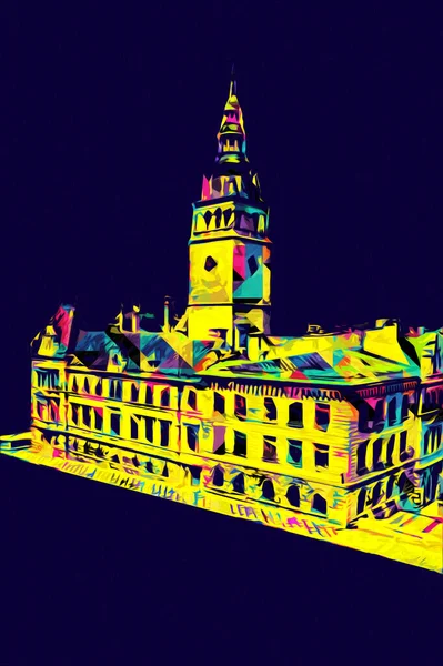 Açık havada belediye binası. Klodzko, Polonya, Sanat illüstrasyonu antika eskiz