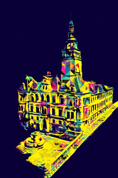 Açık havada belediye binası. Klodzko, Polonya, Sanat illüstrasyonu antika eskiz