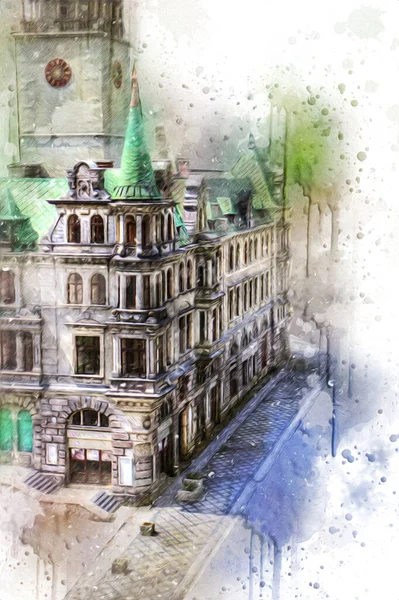 Açık havada belediye binası. Klodzko, Polonya, Sanat illüstrasyonu antika eskiz