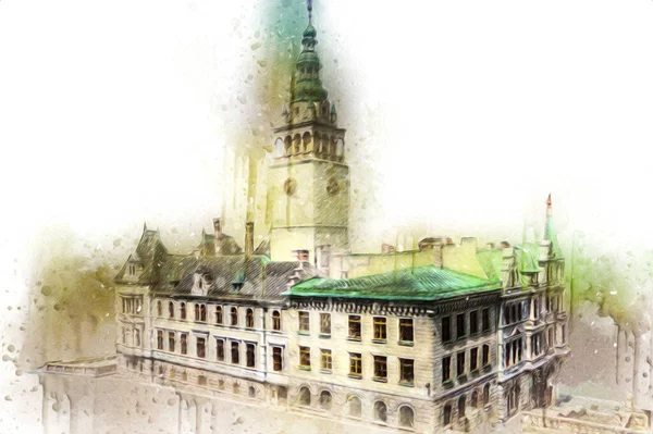 Δημαρχείο Μια Σαφή Ημέρα Klodzko Πολωνία Τέχνη Εικονογράφηση Ρετρό Αντίκες — Φωτογραφία Αρχείου