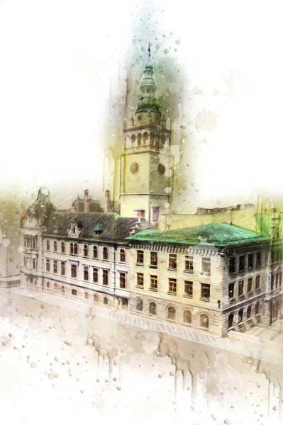 Açık havada belediye binası. Klodzko, Polonya, Sanat illüstrasyonu antika eskiz