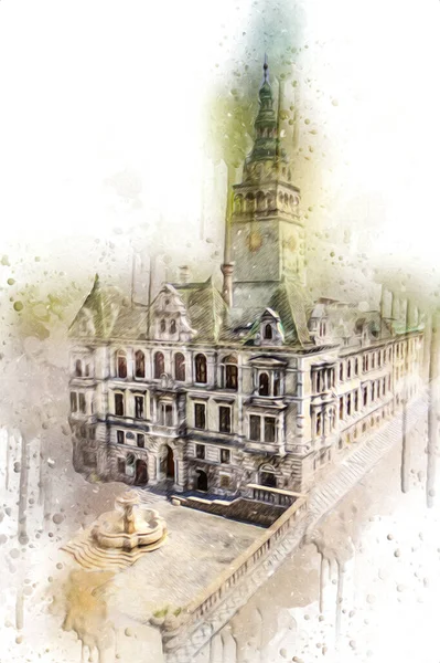 Açık havada belediye binası. Klodzko, Polonya, Sanat illüstrasyonu antika eskiz