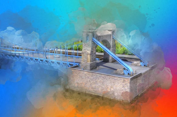 Köprülerin havadan görünüşü, Wrocaw nehri, Polonya, sanat illüstrasyonları antika eskizler