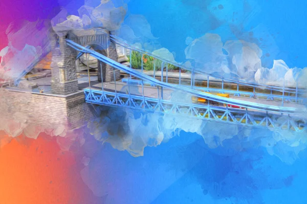 Köprülerin havadan görünüşü, Wrocaw nehri, Polonya, sanat illüstrasyonları antika eskizler