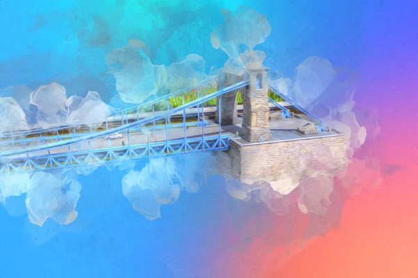 Köprülerin havadan görünüşü, Wrocaw nehri, Polonya, sanat illüstrasyonları antika eskizler