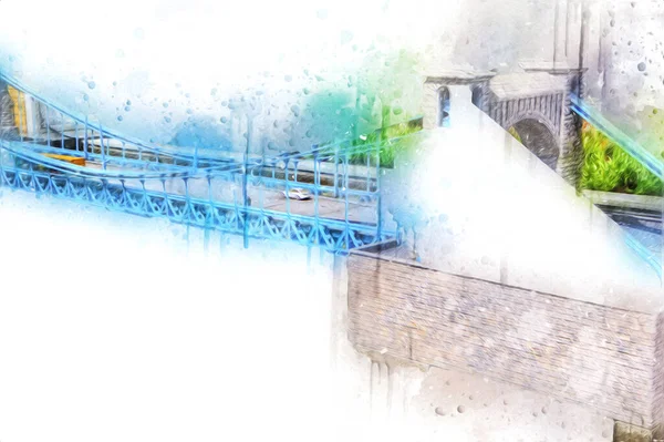 Köprülerin havadan görünüşü, Wrocaw nehri, Polonya, sanat illüstrasyonları antika eskizler