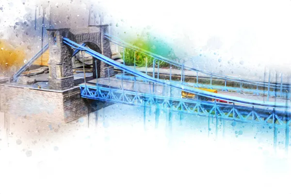 Köprülerin havadan görünüşü, Wrocaw nehri, Polonya, sanat illüstrasyonları antika eskizler