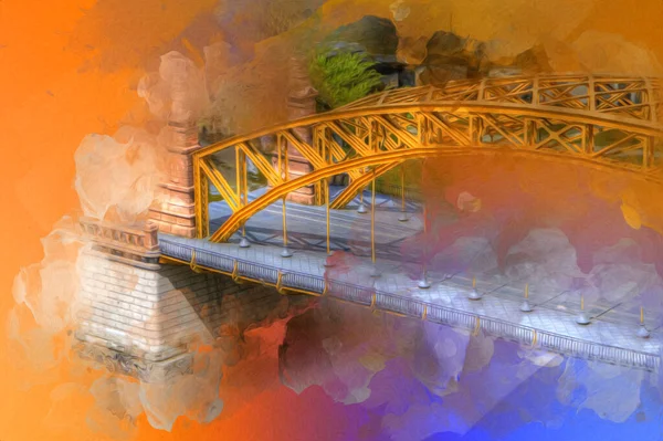 Wrocaw, zwierzyniecki köprüsü, Wrocaw nehri, Polonya, sanat illüstrasyonu antika eskiz