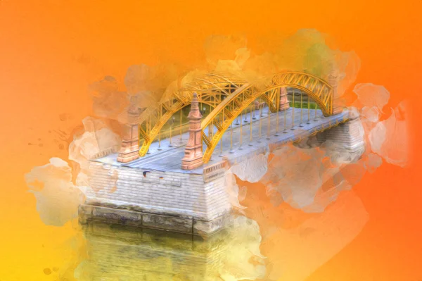 Wrocaw, zwierzyniecki köprüsü, Wrocaw nehri, Polonya, sanat illüstrasyonu antika eskiz