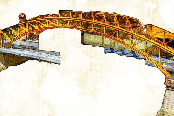 Wrocaw, zwierzyniecki köprüsü, Wrocaw nehri, Polonya, sanat illüstrasyonu antika eskiz
