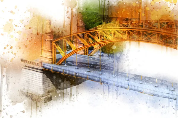 Wrocaw, zwierzyniecki köprüsü, Wrocaw nehri, Polonya, sanat illüstrasyonu antika eskiz