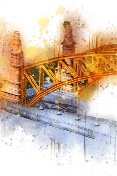 Wrocaw, zwierzyniecki köprüsü, Wrocaw nehri, Polonya, sanat illüstrasyonu antika eskiz