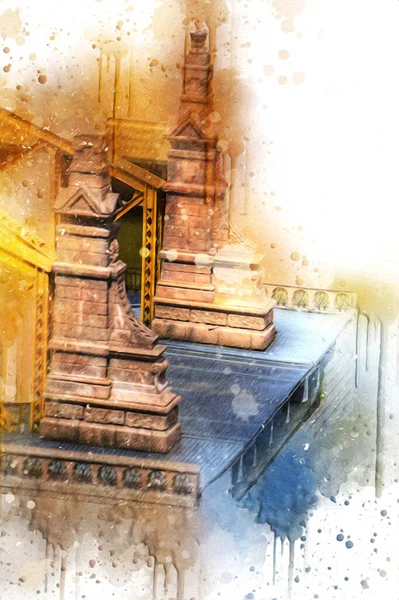 Wrocaw, zwierzyniecki köprüsü, Wrocaw nehri, Polonya, sanat illüstrasyonu antika eskiz