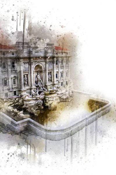 Fountain di Trevi, Roma. İtalya, sanat illüstrasyonu antika eskiz
