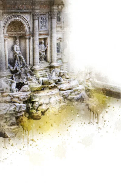 Fountain di Trevi, Roma. İtalya, sanat illüstrasyonu antika eskiz