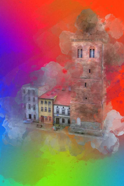 Zabkowice 'deki Eğik Kule Slaskie, sanat illüstrasyonu antika eskiz