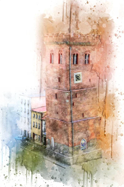 Zabkowice 'deki Eğik Kule Slaskie, sanat illüstrasyonu antika eskiz