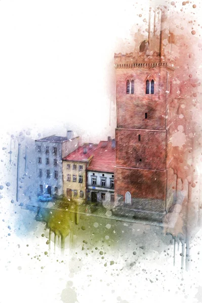 Zabkowice 'deki Eğik Kule Slaskie, sanat illüstrasyonu antika eskiz