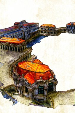 Zwinger Sarayı, sanat galerisi ve müzesi Dresden, Almanya 'da, sanat illüstrasyonu antika eskiz