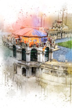 Zwinger Sarayı, sanat galerisi ve müzesi Dresden, Almanya 'da, sanat illüstrasyonu antika eskiz