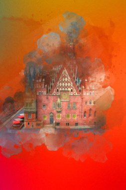 Belediyesi, Wroclaw, Polonya 'lı eski şehir meydanı, sanat illüstrasyonları antika eskizler