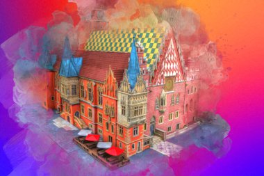 Belediyesi, Wroclaw, Polonya 'lı eski şehir meydanı, sanat illüstrasyonları antika eskizler