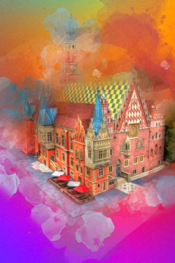 Belediyesi, Wroclaw, Polonya 'lı eski şehir meydanı, sanat illüstrasyonları antika eskizler