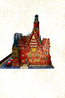 Belediyesi, Wroclaw, Polonya 'lı eski şehir meydanı, sanat illüstrasyonları antika eskizler