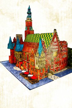 Belediyesi, Wroclaw, Polonya 'lı eski şehir meydanı, sanat illüstrasyonları antika eskizler