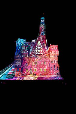 Belediyesi, Wroclaw, Polonya 'lı eski şehir meydanı, sanat illüstrasyonları antika eskizler