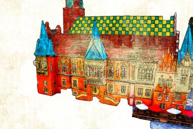 Belediyesi, Wroclaw, Polonya 'lı eski şehir meydanı, sanat illüstrasyonları antika eskizler