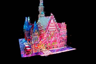 Belediyesi, Wroclaw, Polonya 'lı eski şehir meydanı, sanat illüstrasyonları antika eskizler