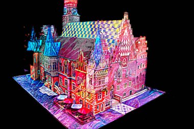 Belediyesi, Wroclaw, Polonya 'lı eski şehir meydanı, sanat illüstrasyonları antika eskizler