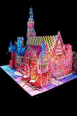 Belediyesi, Wroclaw, Polonya 'lı eski şehir meydanı, sanat illüstrasyonları antika eskizler