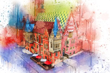 Belediyesi, Wroclaw, Polonya 'lı eski şehir meydanı, sanat illüstrasyonları antika eskizler