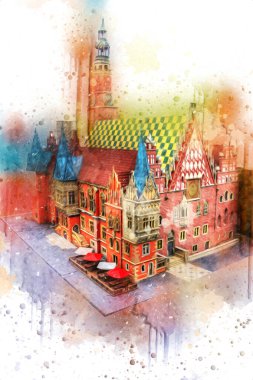 Belediyesi, Wroclaw, Polonya 'lı eski şehir meydanı, sanat illüstrasyonları antika eskizler