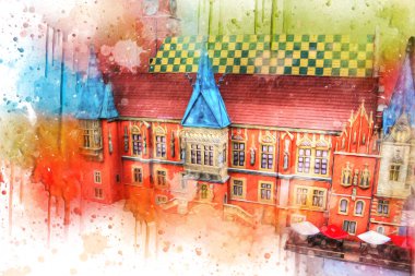 Belediyesi, Wroclaw, Polonya 'lı eski şehir meydanı, sanat illüstrasyonları antika eskizler