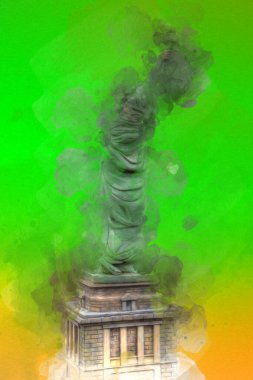 Manhattan, Mimarlık ve Turizm Konsepti 'nin aşağısında yer alan New York şehir manzaralı nehir kenarındaki Özgürlük Anıtı.