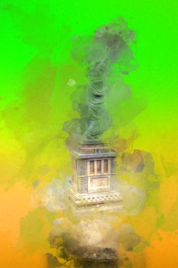 Manhattan, Mimarlık ve Turizm Konsepti 'nin aşağısında yer alan New York şehir manzaralı nehir kenarındaki Özgürlük Anıtı.