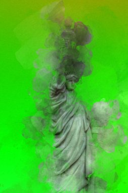 Manhattan, Mimarlık ve Turizm Konsepti 'nin aşağısında yer alan New York şehir manzaralı nehir kenarındaki Özgürlük Anıtı.